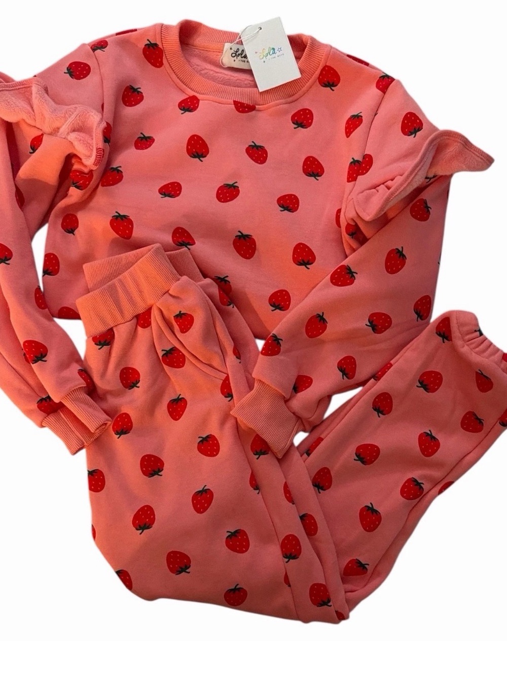 Lola & the Boys Girl's Pink Strawberry Print Sweatsuit Outfit Set